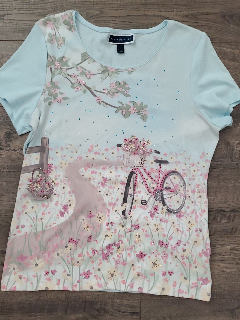 Karen Scott Pale Blue Floral Bicycle Print Short Sleeve Tee